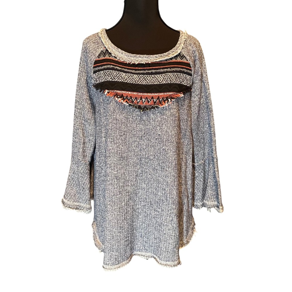 Oddi Womens Southwestern Fringe Tunic Top Blue Marled Bell Sleeve L
Distressed